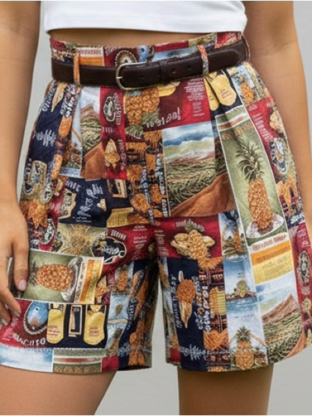 Handmade Hawaiian / Pineapple Postcard Print Paperbag Shorts - Medium